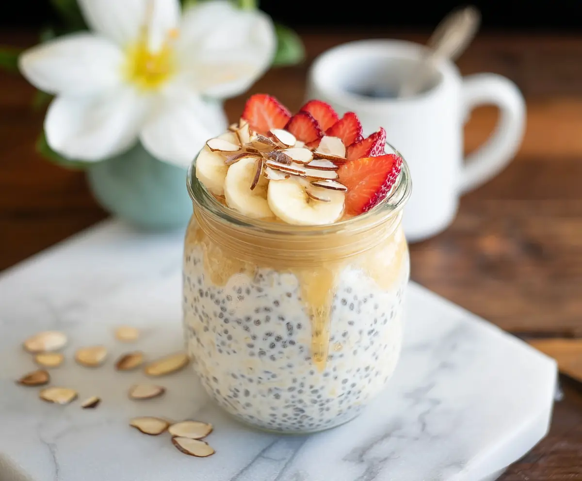 Creamy vanilla overnight oats in a glass jar topped with fresh berries and a drizzle of honey.