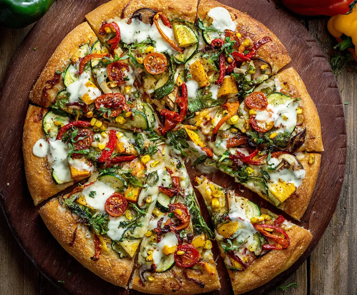 Colorful veggie pizza topped with fresh bell peppers, tomatoes, and spinach for a healthy meal.