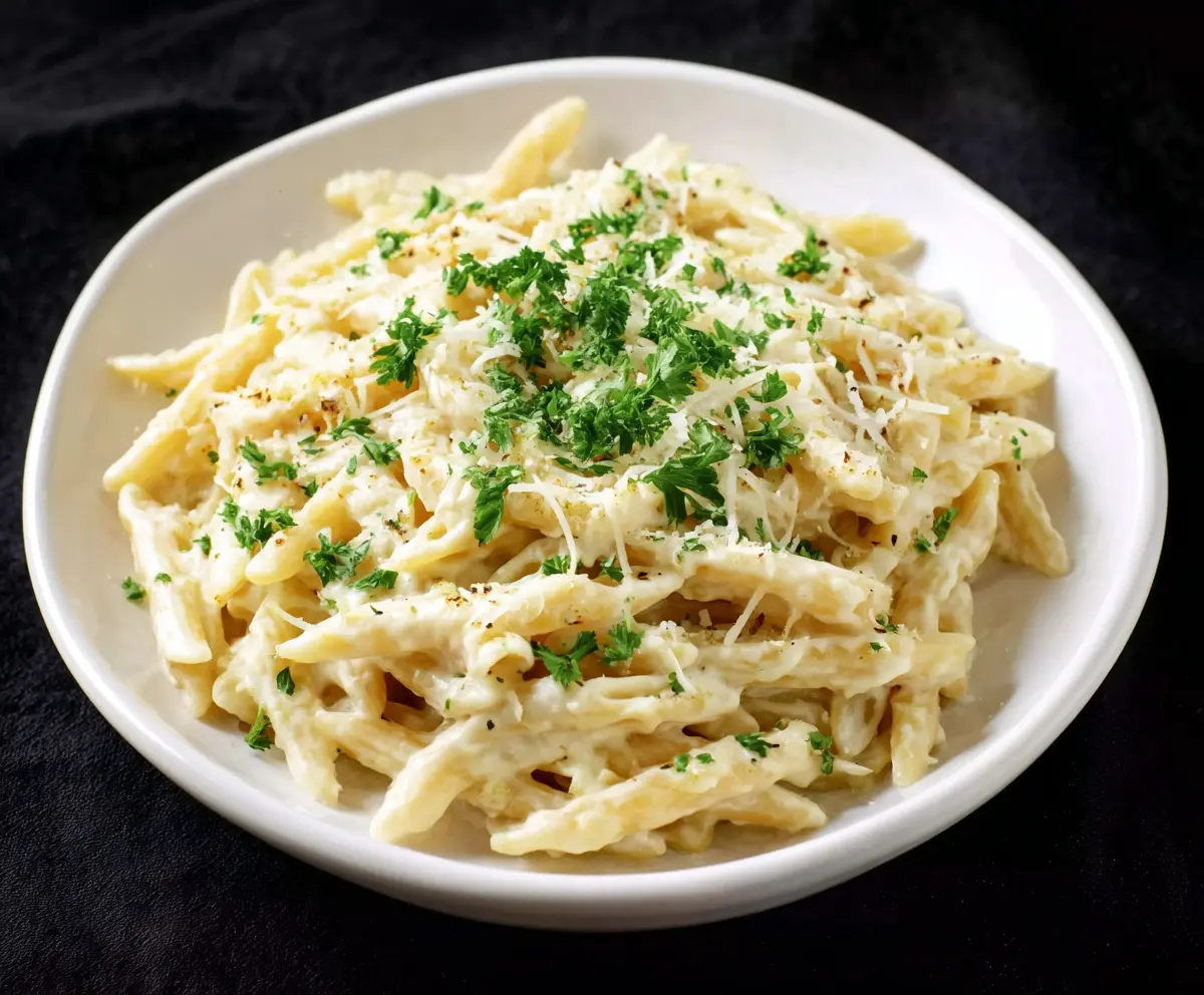 Creamy white pasta sauce served over cooked pasta with herbs and Parmesan cheese.