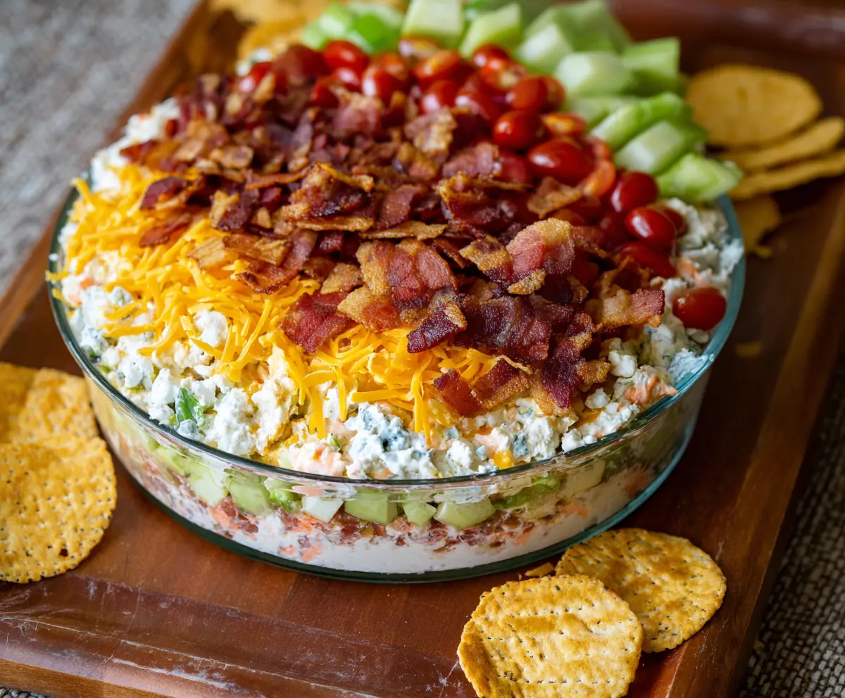 Colorful 7 Layer Cobb Salad Dip served with fresh vegetables on a white platter.