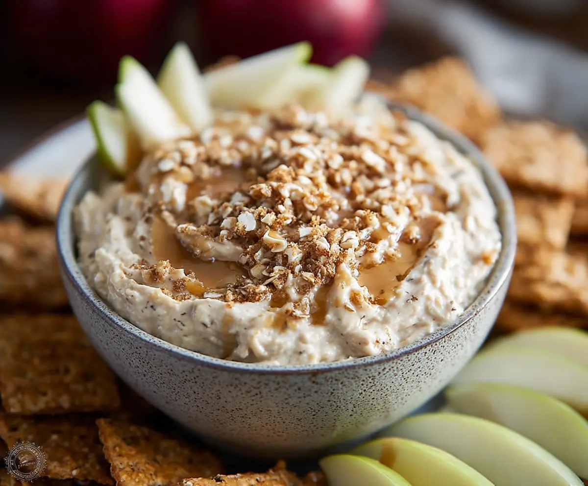Delicious Apple Toffee Dip served with fresh apple slices and crunchy toffee pieces.