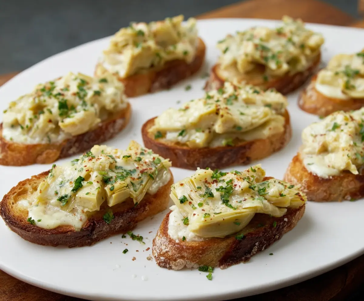 Delicious artichoke bruschetta topped with fresh herbs and olive oil on crusty bread