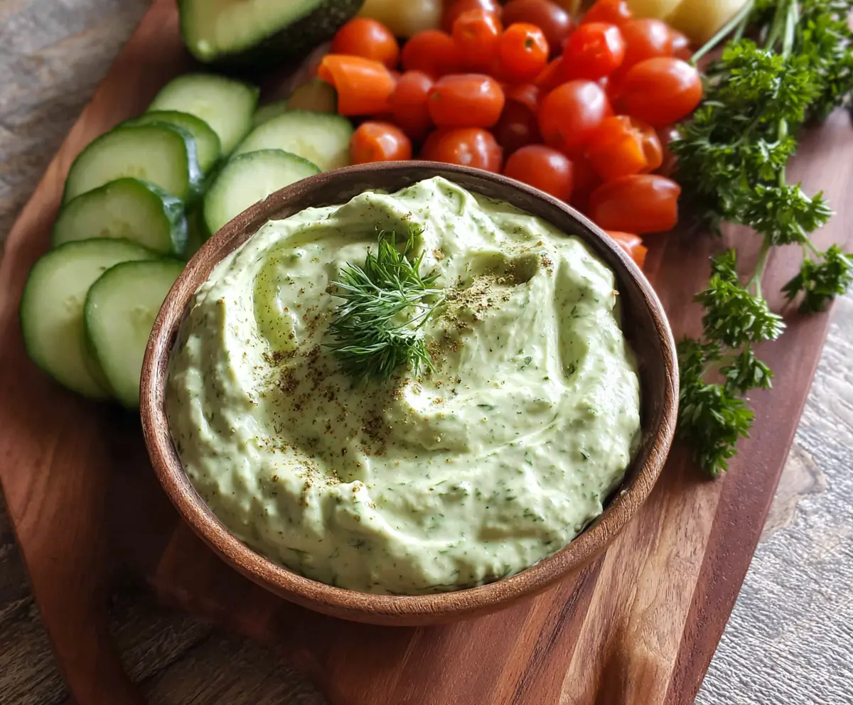 Creamy avocado ranch dip served with fresh vegetable sticks ready for snacking