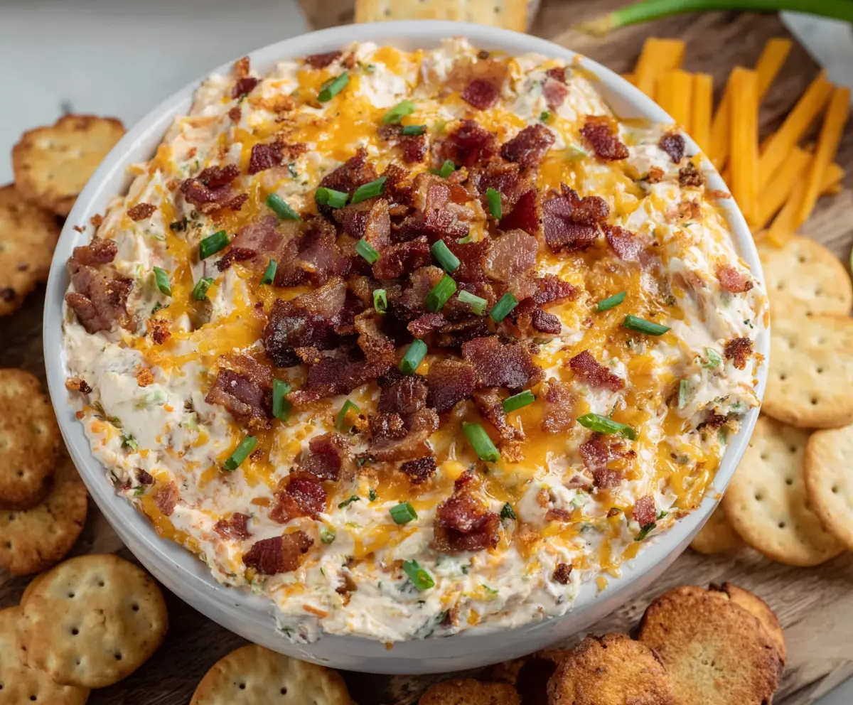 Delicious Bacon Cheddar Crack Dip served in a bowl with crispy bacon bits on top.
