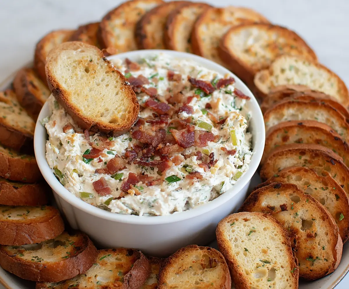 Delicious Bacon Jalapeño Cream Cheese Dip served with crispy chips, perfect for parties and gatherings.