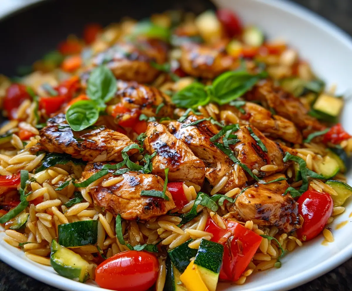 Delicious balsamic chicken with colorful vegetables and creamy orzo pasta on a plate.