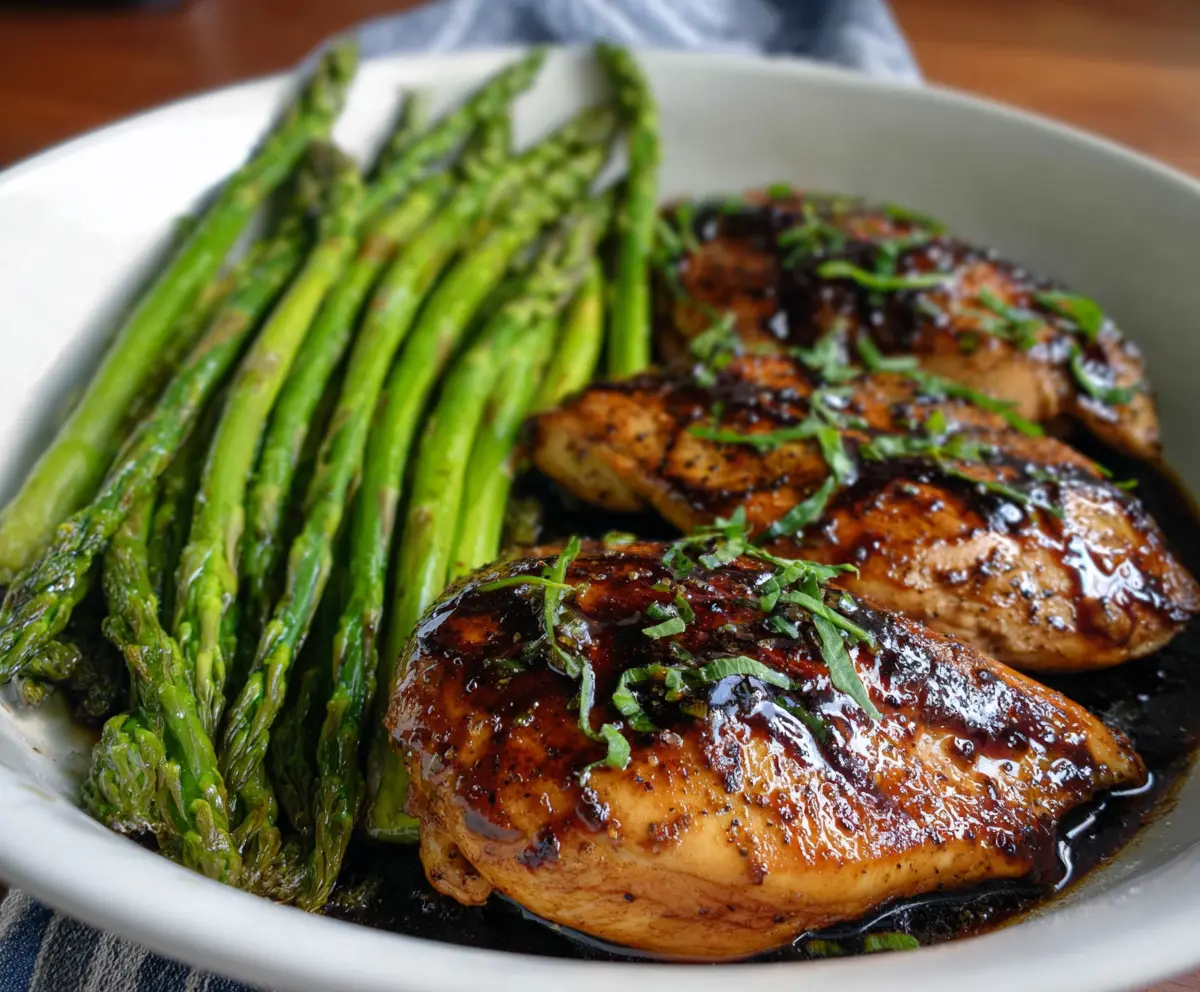 Delicious balsamic chicken served with fresh asparagus for a healthy dinner.