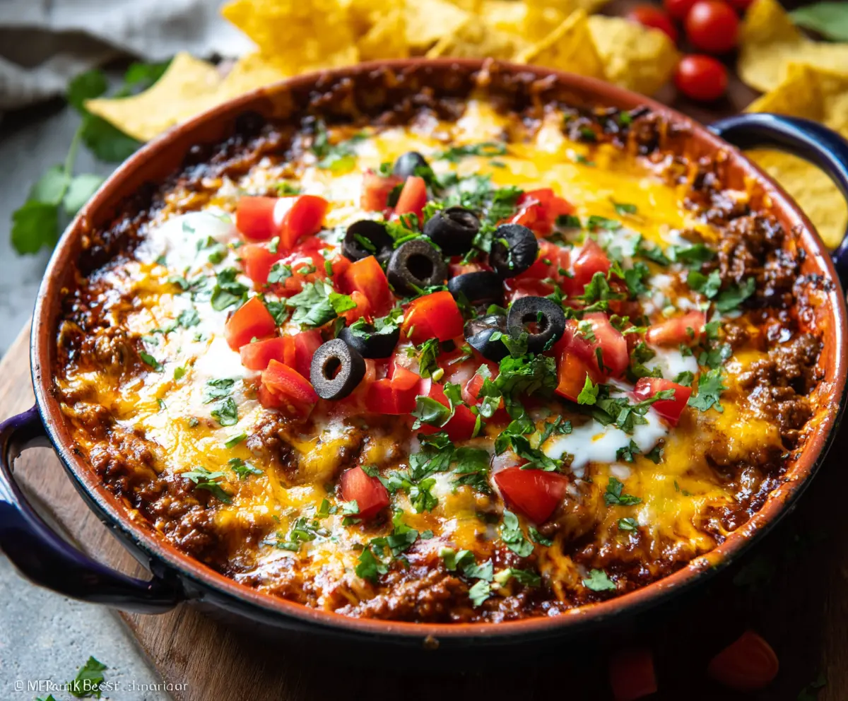Creamy beef taco dip topped with shredded cheese and fresh herbs, perfect for parties and gatherings.