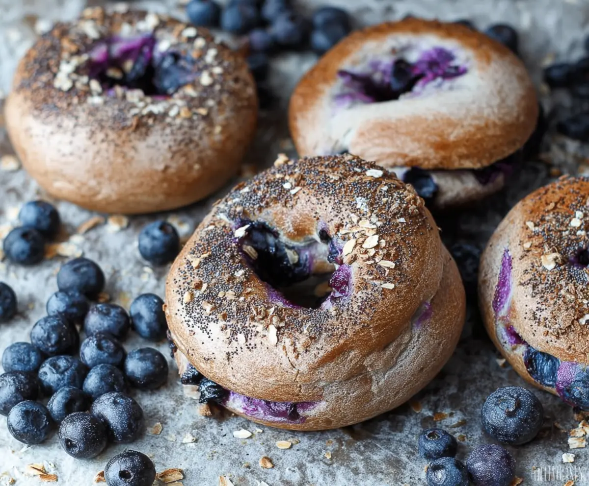 Fresh blueberry bagels on a white plate with blueberries and mint garnish