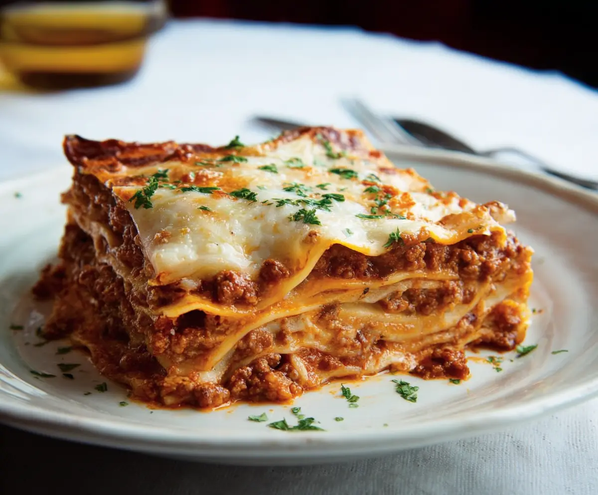 Delicious Bolognese Lasagna with layers of rich meat sauce and melted cheese