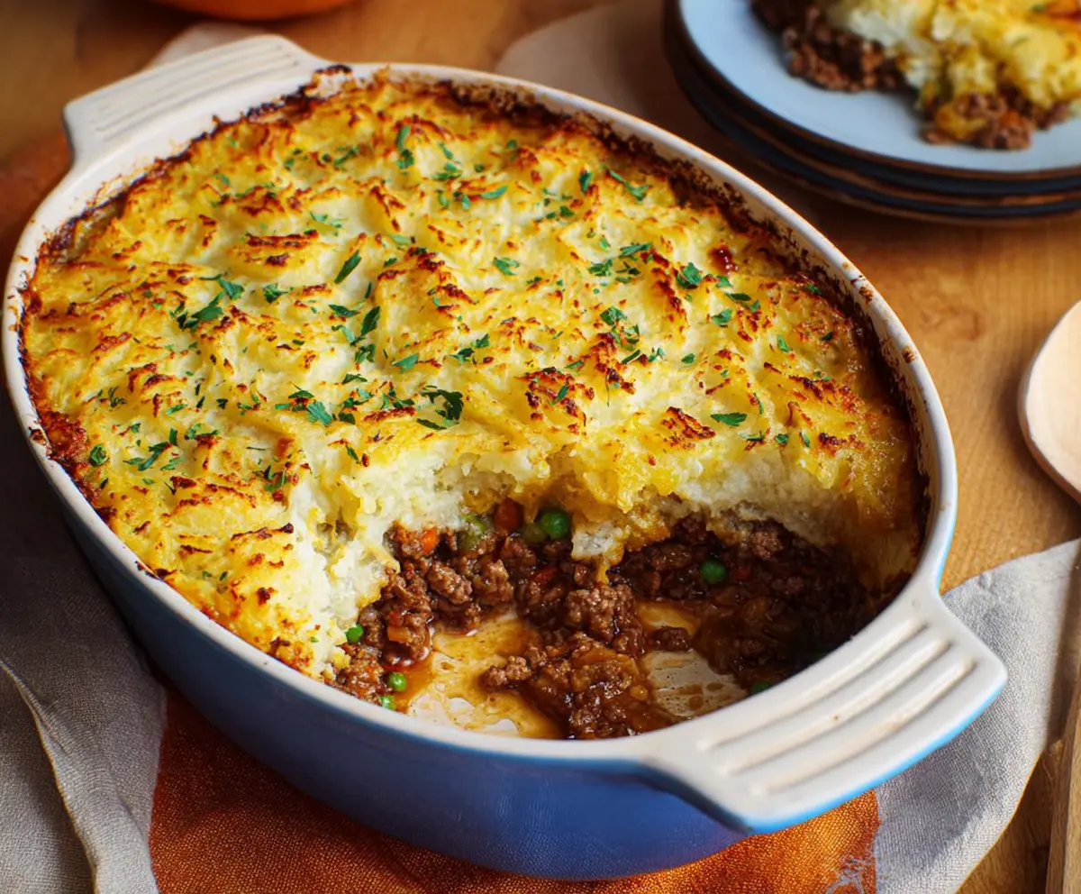 Delicious homemade British Shepherd's Pie with seasoned meat and mashed potatoes topping.