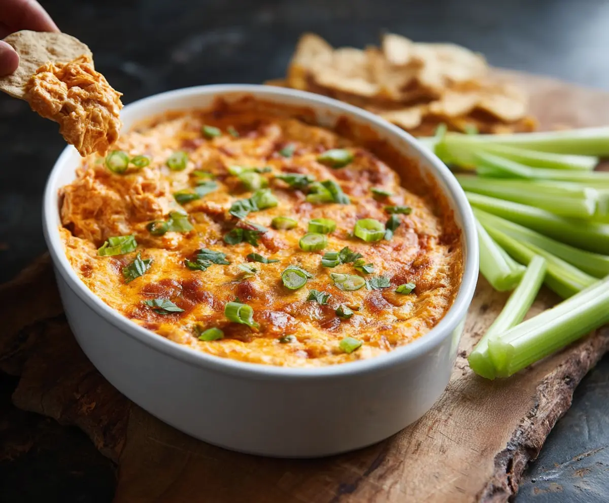 Creamy Buffalo Chicken Dip served with celery sticks and tortilla chips