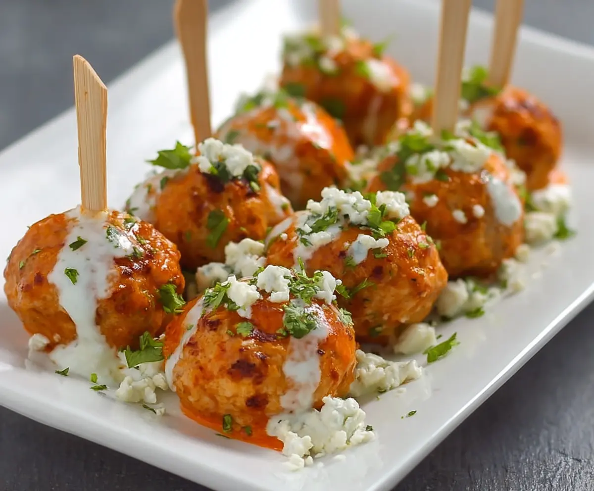 Delicious buffalo chicken meatballs served with dipping sauce on a plate.
