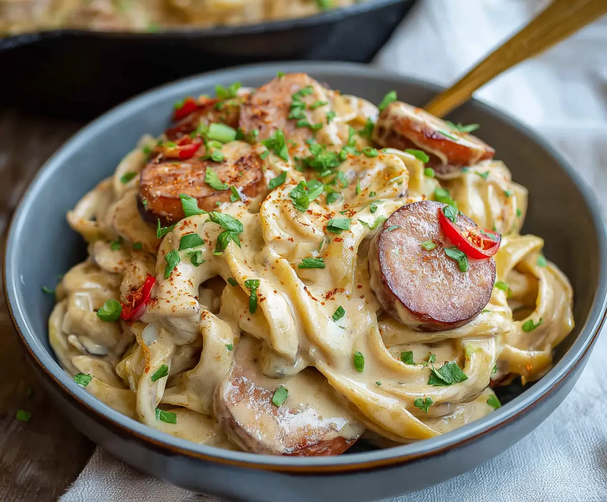 Delicious Cajun smoked sausage Alfredo pasta served in a bowl, topped with herbs.