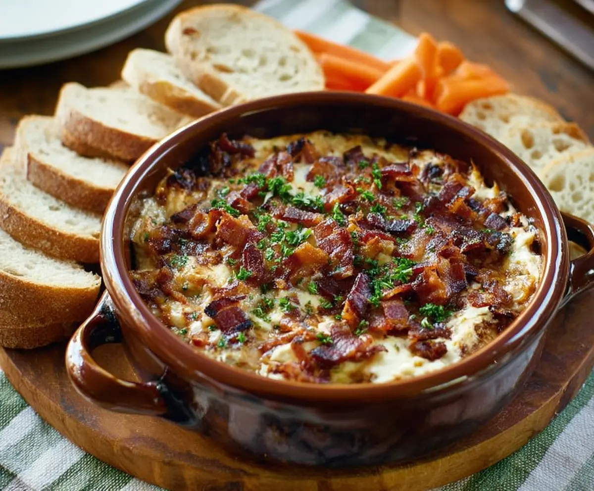 Creamy caramelized onion and crispy bacon dip served in a bowl, perfect for snacks and parties.