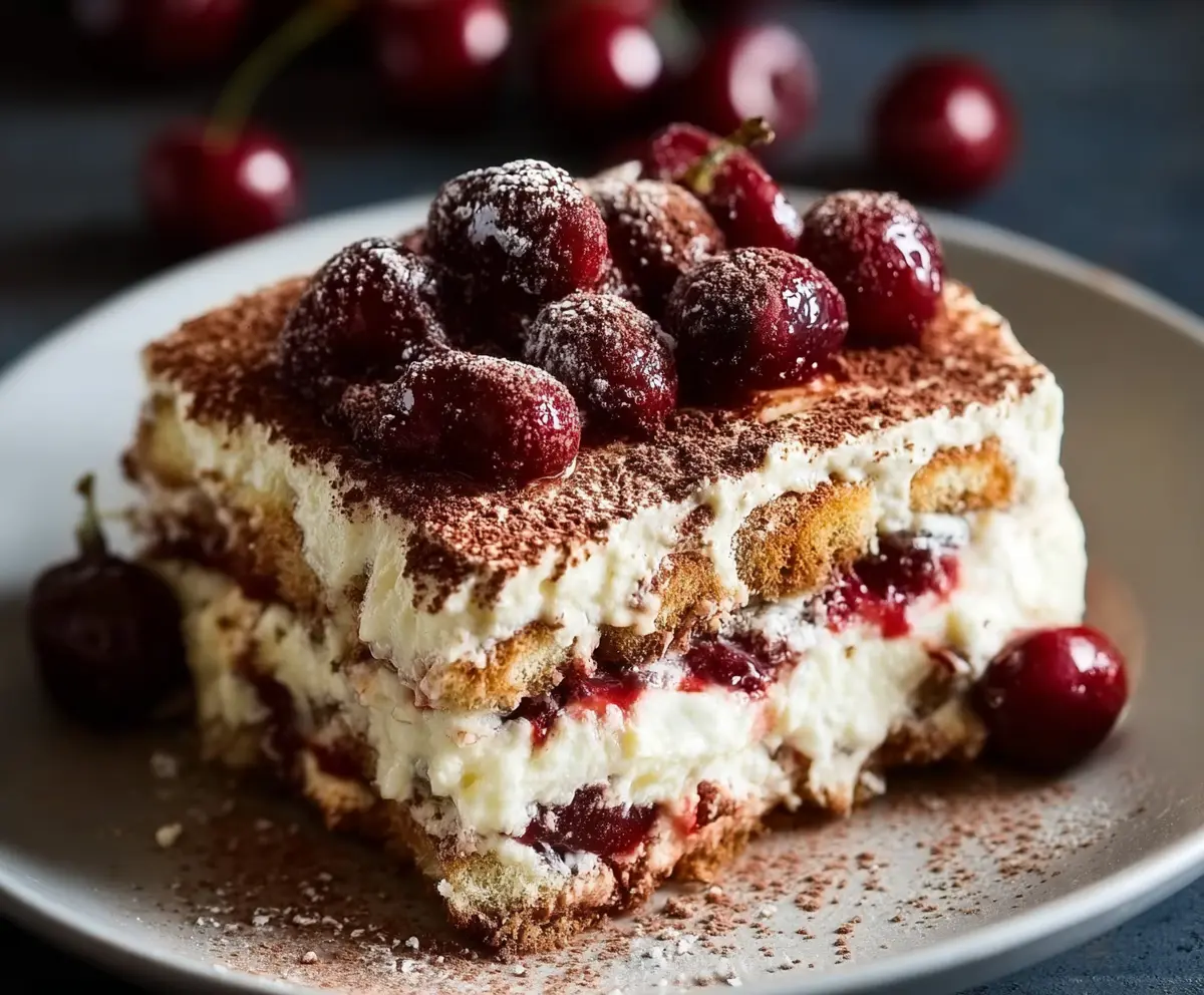 Delicious Cherry Amaretto Tiramisu dessert with layers of coffee-soaked ladyfingers, mascarpone cream, cherries, and a sprinkle of cocoa powder.