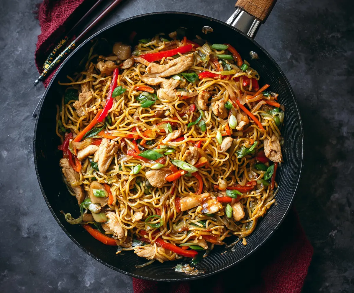 Delicious Chicken Yakisoba noodles stir-fried with vegetables on a plate.