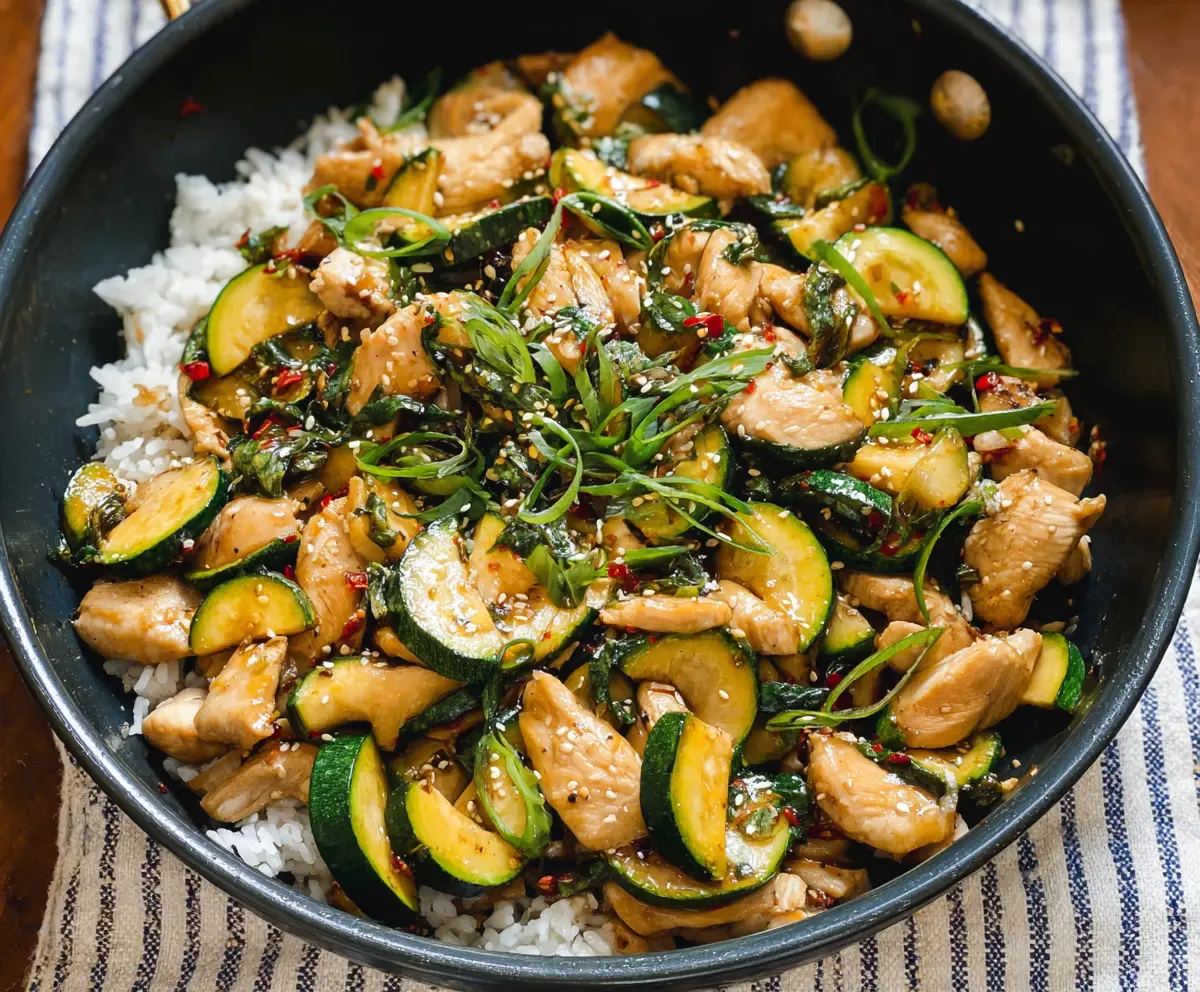 Delicious Chicken Zucchini Stir Fry with fresh vegetables and savory sauce.