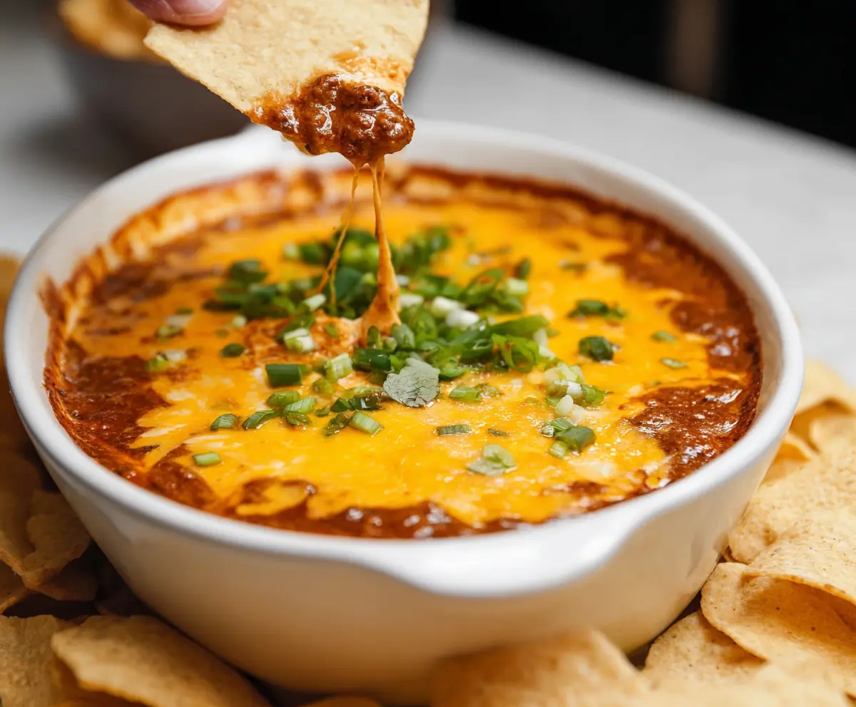 Creamy chili cheese dip served with tortilla chips, perfect for parties and game day snacks.