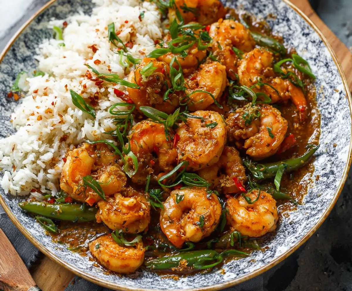 Savory Chinese Hunan Shrimp dish featuring tender shrimp coated in flavorful Spicy and savory sauce, garnished with fresh herbs.