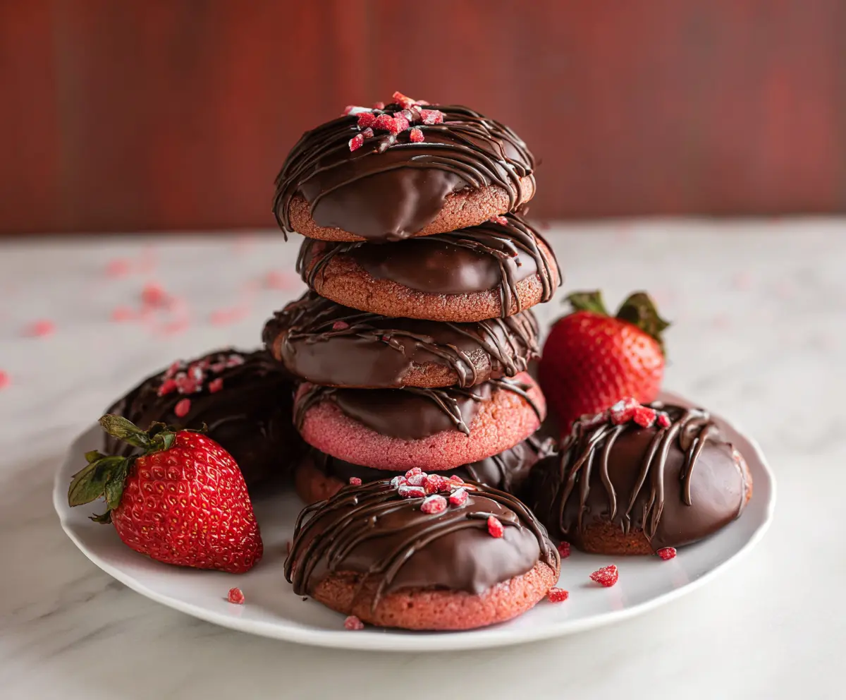 Chocolate covered strawberry cookies on a plate with fresh strawberries and melted chocolate.