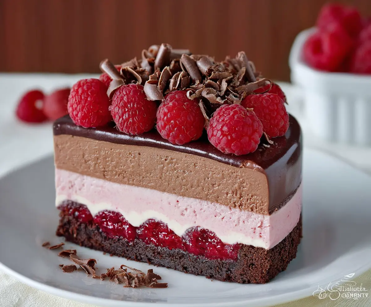 Decadent Chocolate Raspberry Mousse Cake with rich layers and fresh raspberries on top
