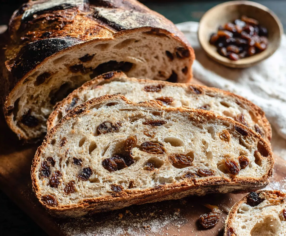 Freshly baked Cinnamon Raisin Sourdough Bread sliced open, showcasing its soft, flavorful interior with raisins and cinnamon swirls.