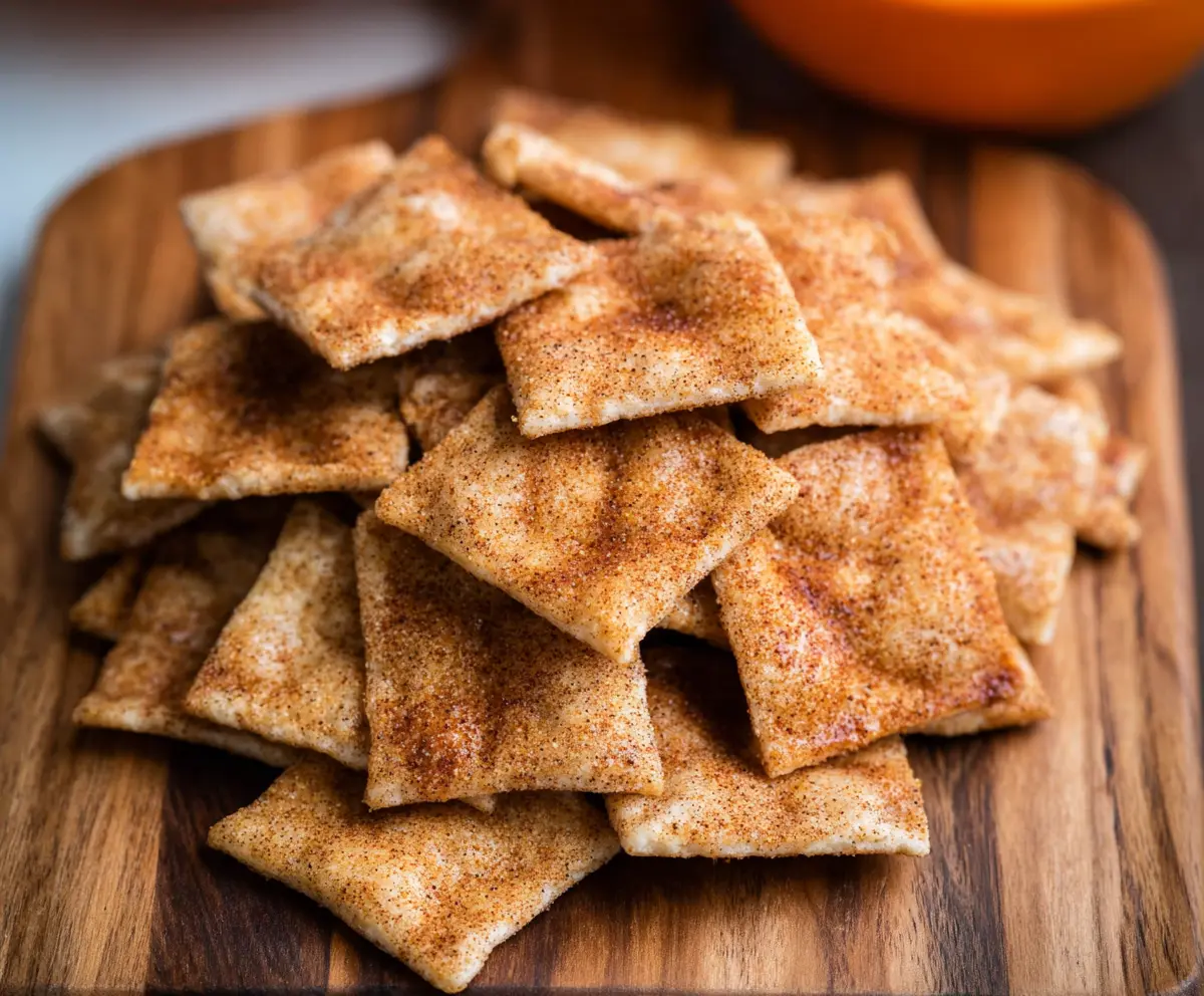 Cinnamon Sugar Sourdough Crackers arranged on a plate with a sprinkle of cinnamon and sugar on top.