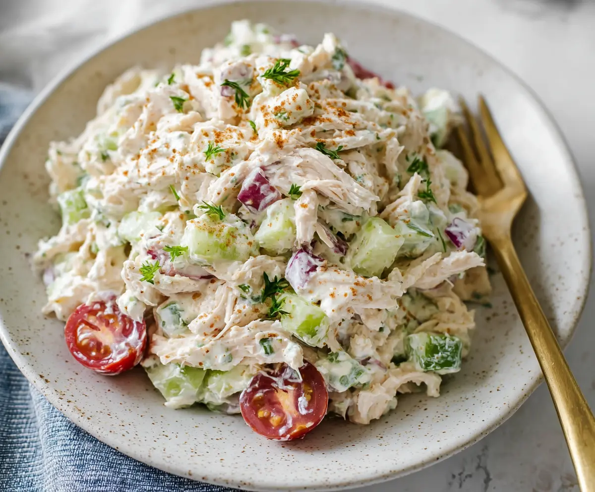Fresh Cottage Cheese Chicken Salad with greens and herbs, a healthy meal option