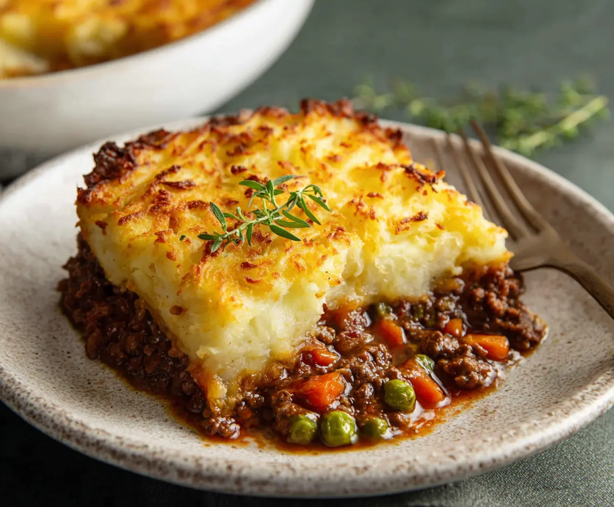 Delicious homemade cottage pie with seasoned minced meat and creamy mashed potato topping.