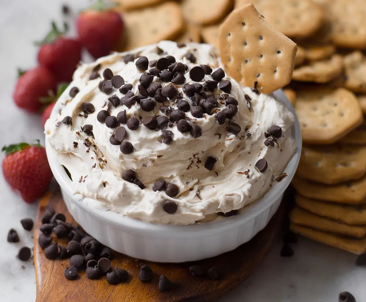 Cream cheese chocolate chip dip served in a bowl with fresh fruit