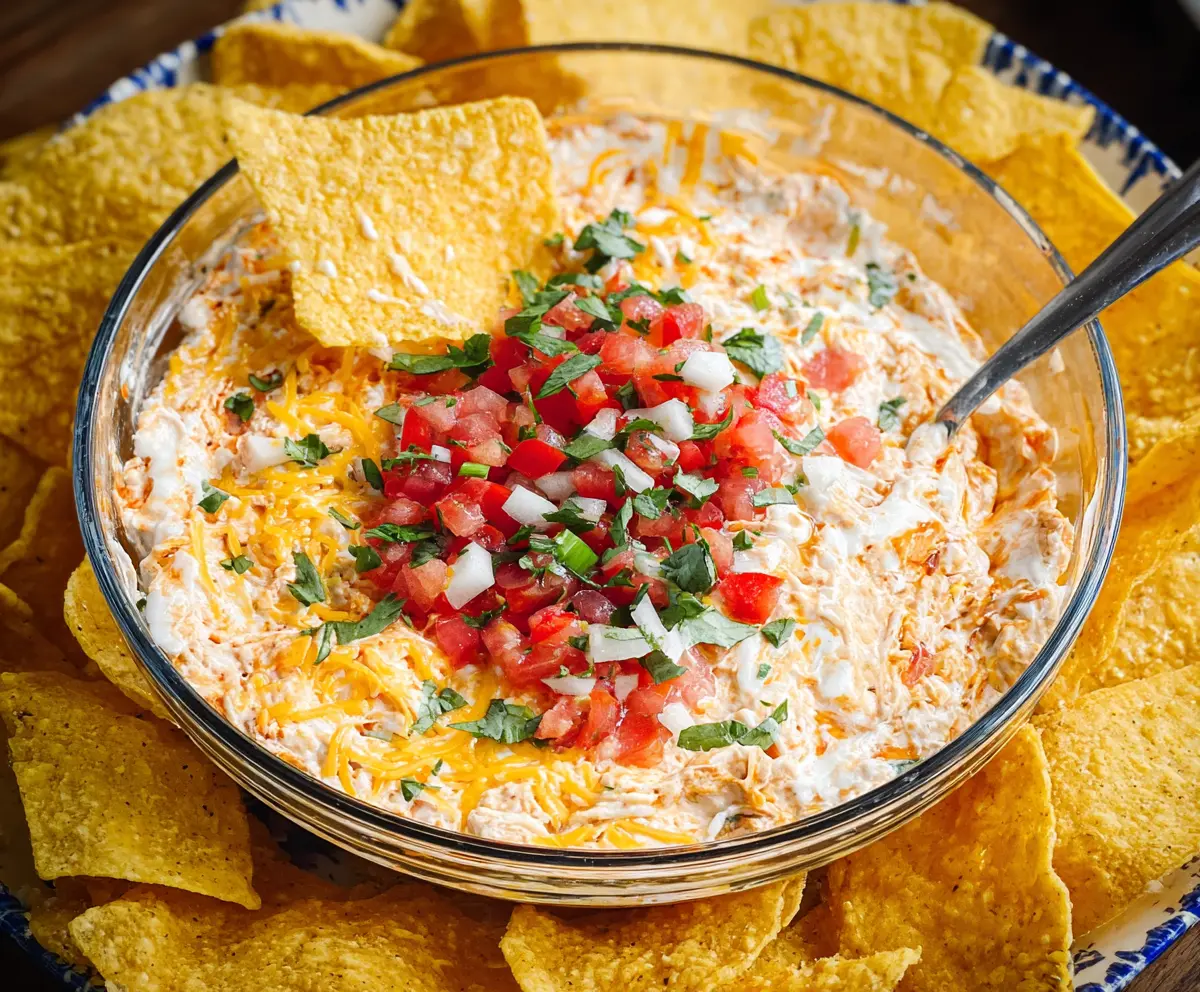 Cream Cheese Salsa Dip served with fresh vegetables and tortilla chips.