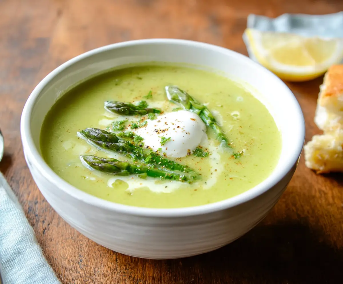Cream of Asparagus Soup in a bowl with fresh asparagus spears on the side