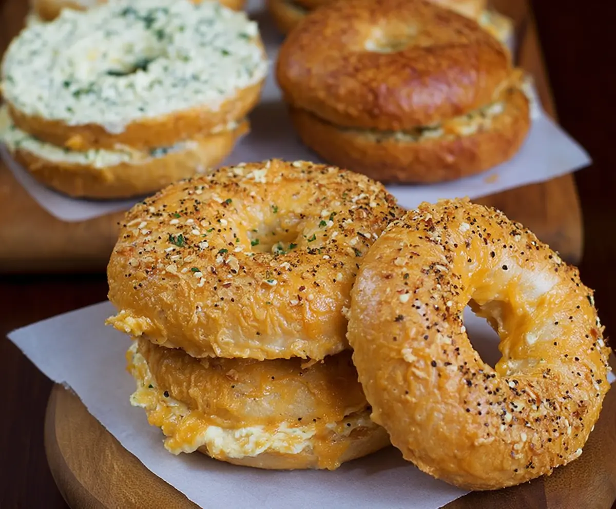 Delicious creamy cheddar bagels with melted cheese and golden crust.