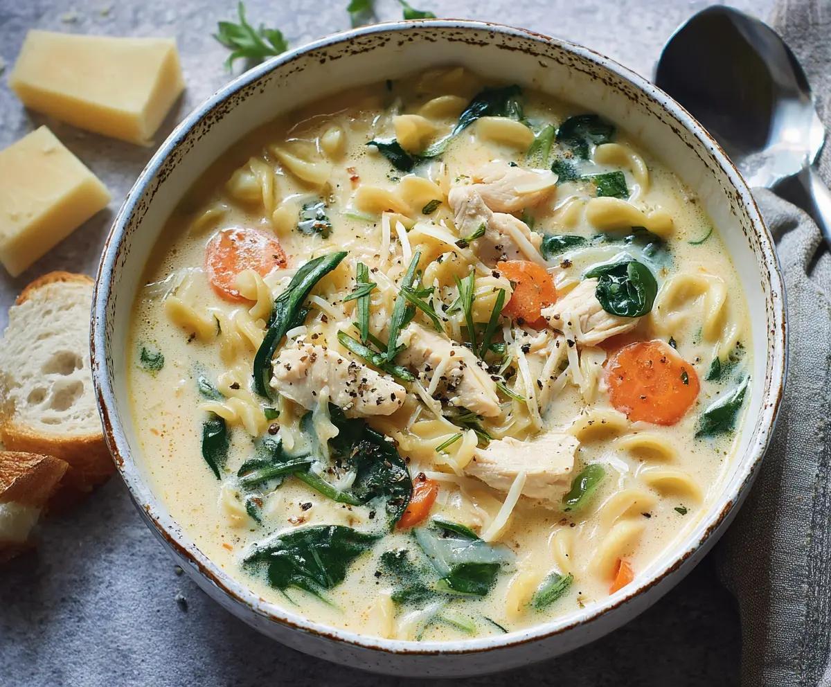 Creamy chicken pasta soup with carrots and spinach in a bowl, garnished with herbs