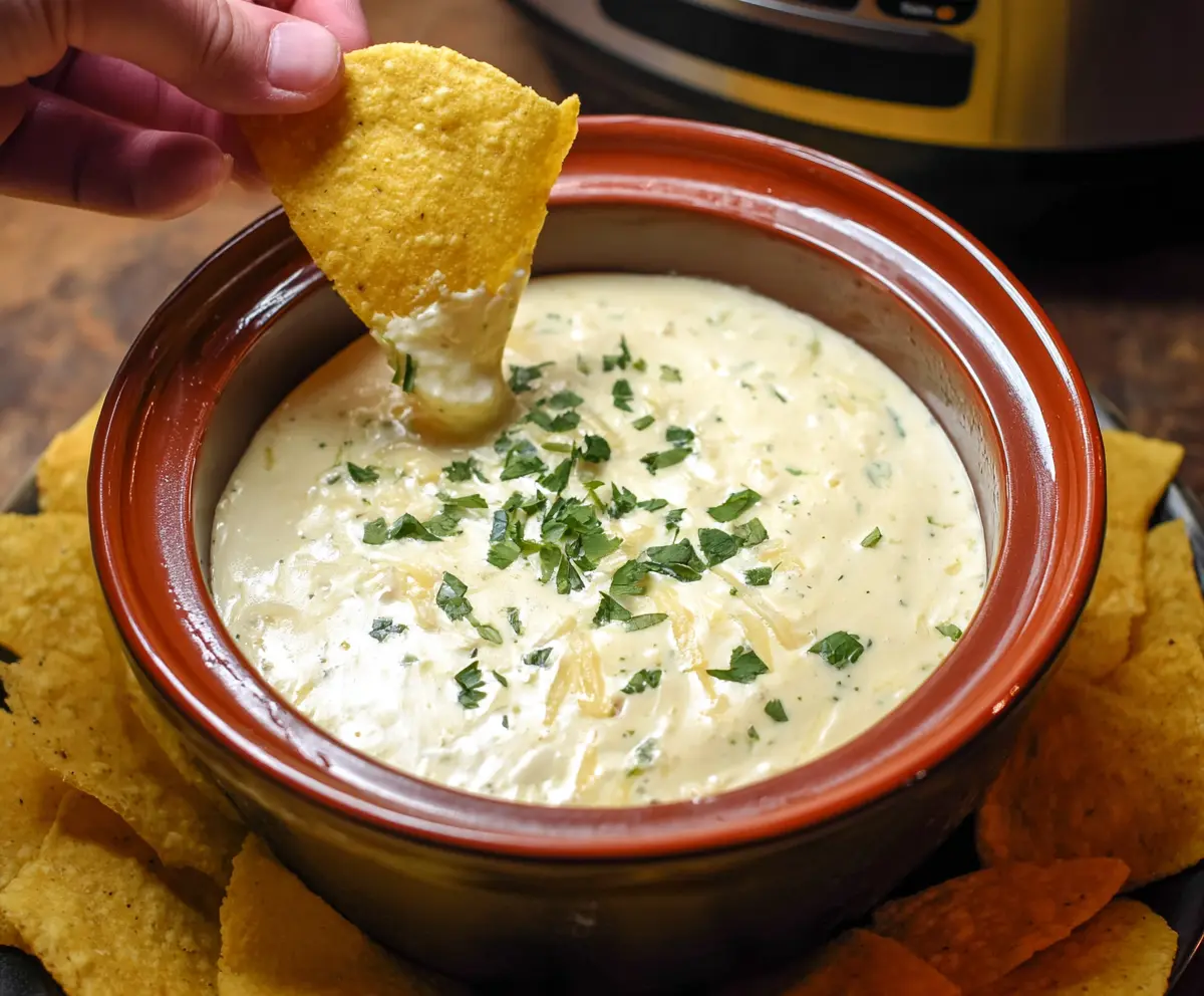 Creamy Crock Pot Queso Blanco Dip served in a bowl with tortilla chips for a delicious appetizer.