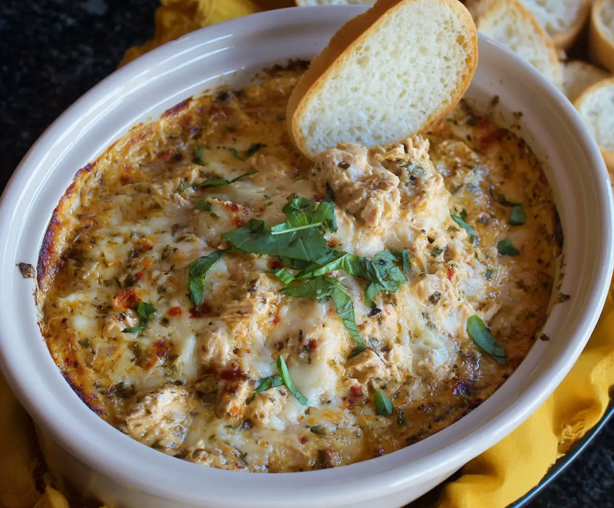 Creamy Crockpot Marry Me Chicken Dip served in a bowl with fresh herbs and crispy bread on the side
