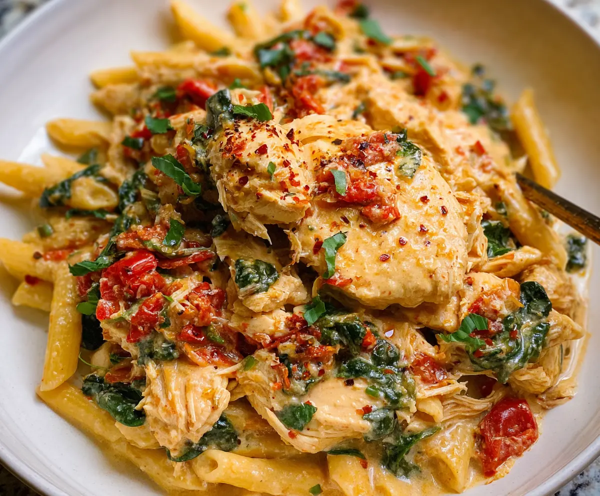 Creamy Crockpot Tuscan Chicken Pasta with sun-dried tomatoes and fresh basil