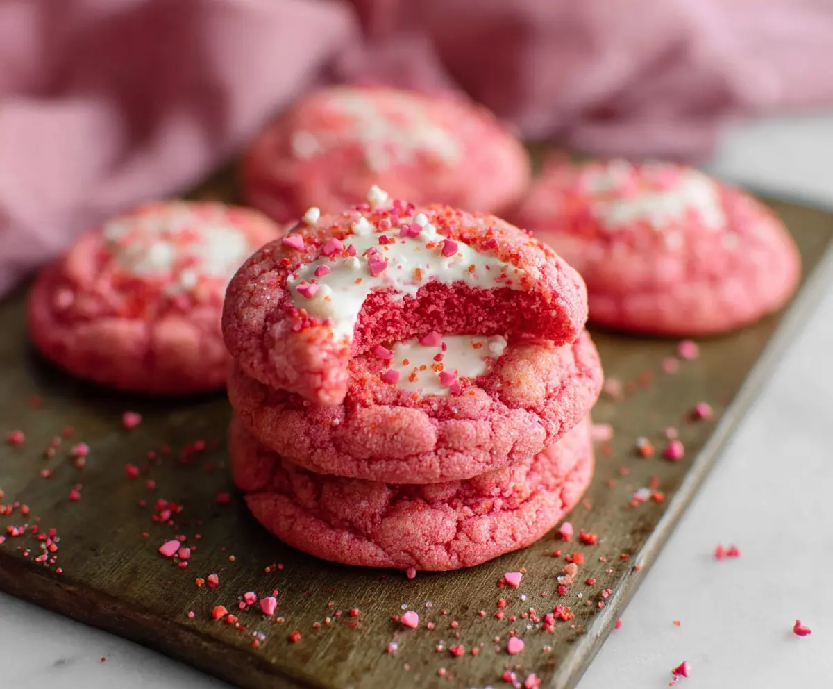 Delicious Crumbl Pink Velvet Cookies with creamy frosting and pink sprinkles on a white plate.