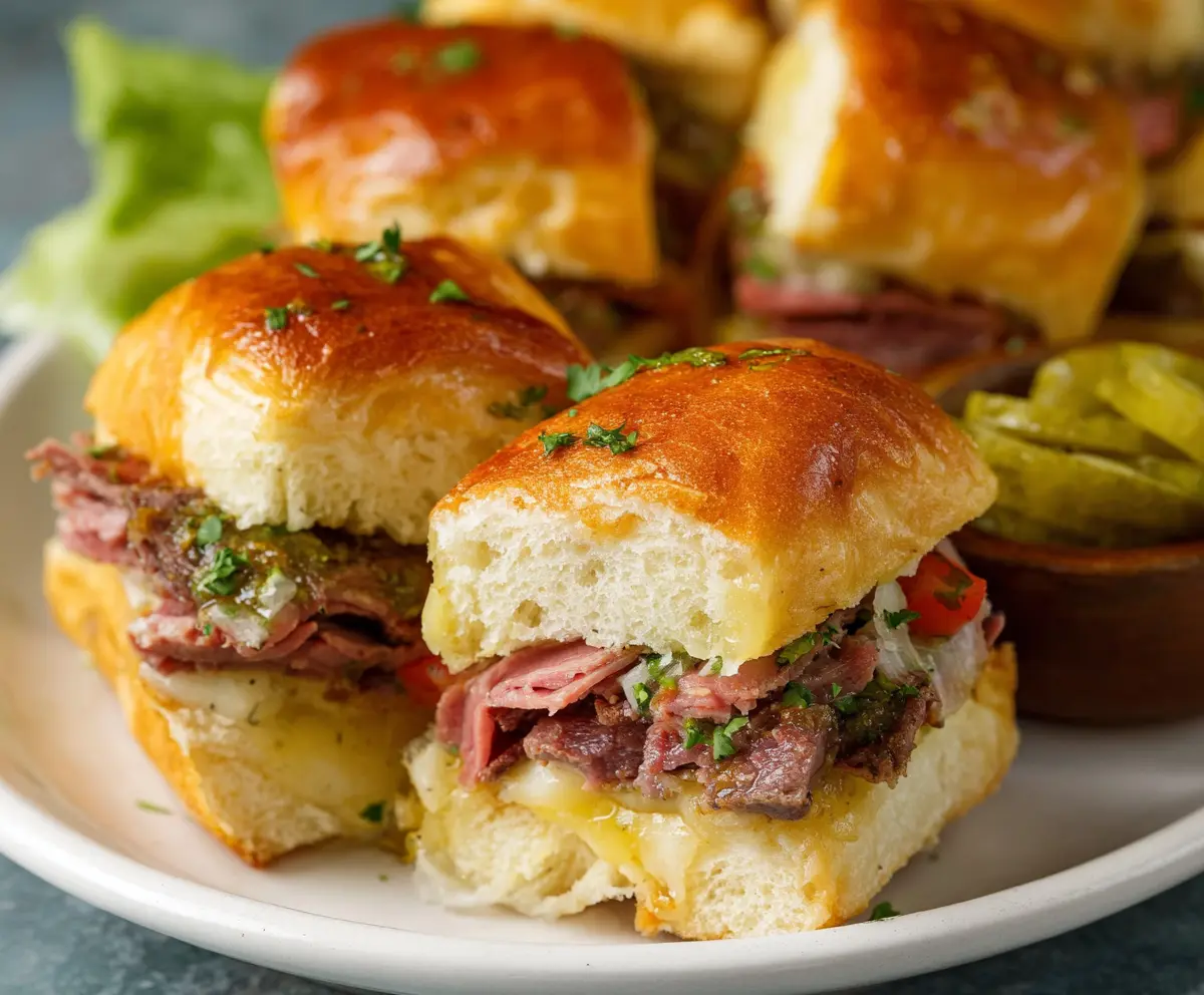 Delicious Cuban Sliders sandwiches with savory roasted pork, ham, Swiss cheese, and pickles on soft slider buns.