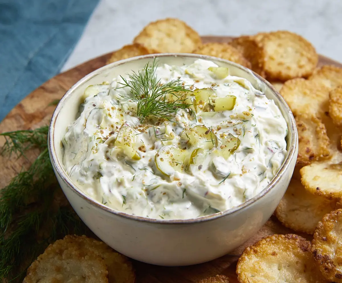 Creamy dill pickle dip served with crunchy vegetables for a flavorful appetizer.