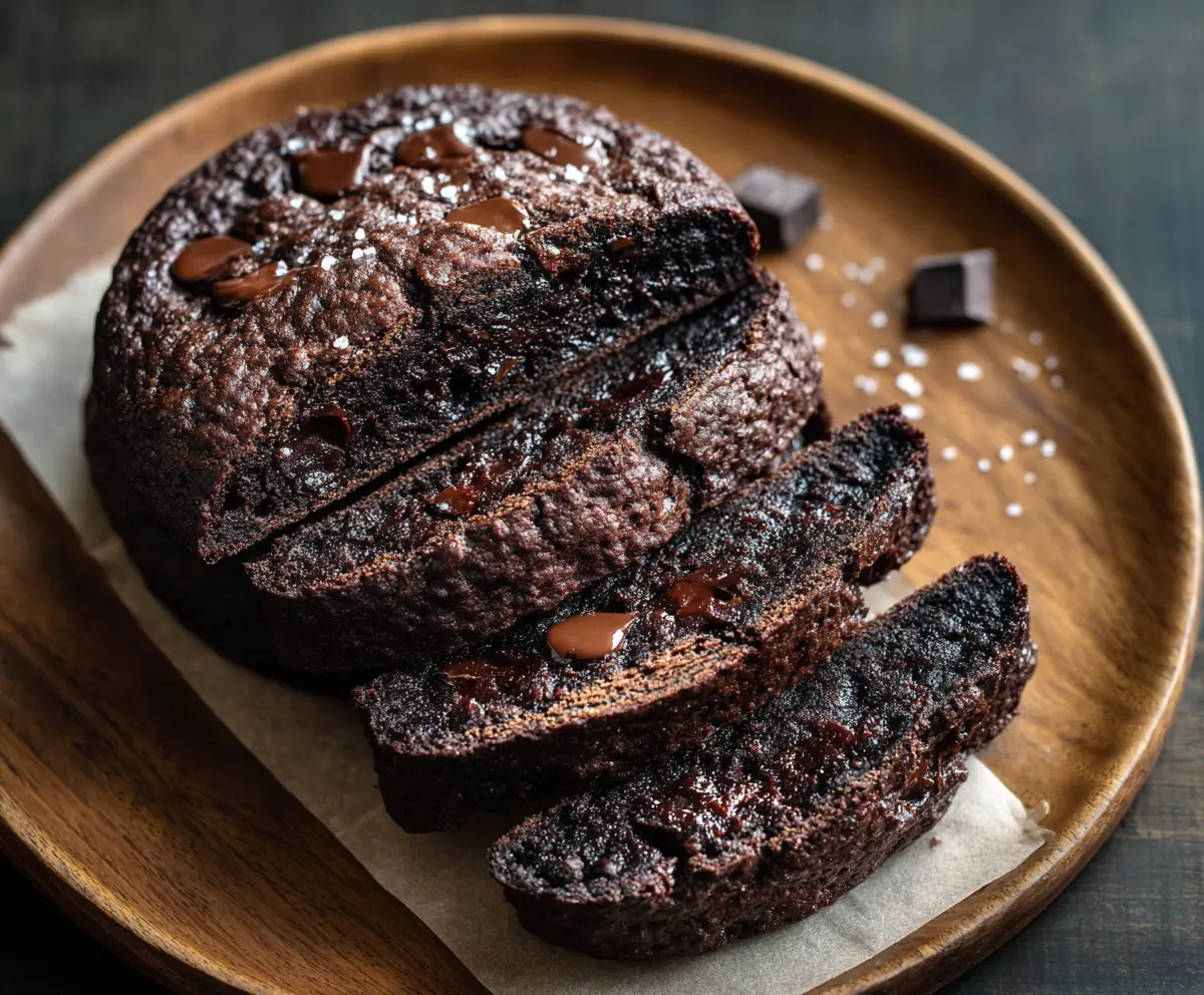 Delicious double chocolate chip sourdough discard bread with melted chocolate chips