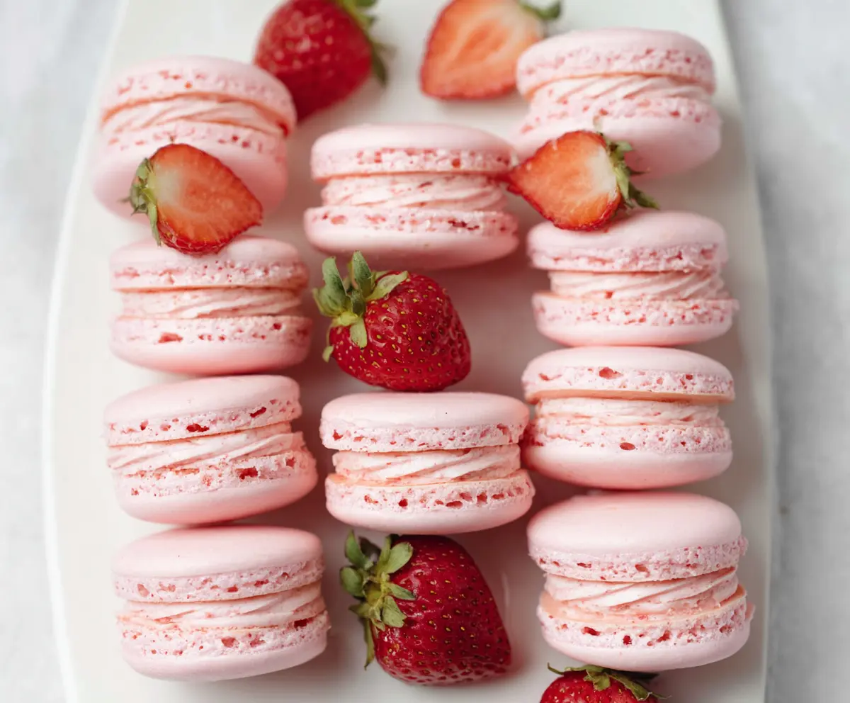 Delicious French strawberry macarons with pink shells and sweet filling, perfect for dessert lovers.