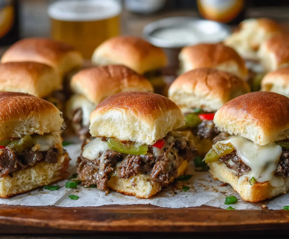 Delicious Game Day Philly Cheesesteak Sliders with melted cheese and savory steak on soft slider buns