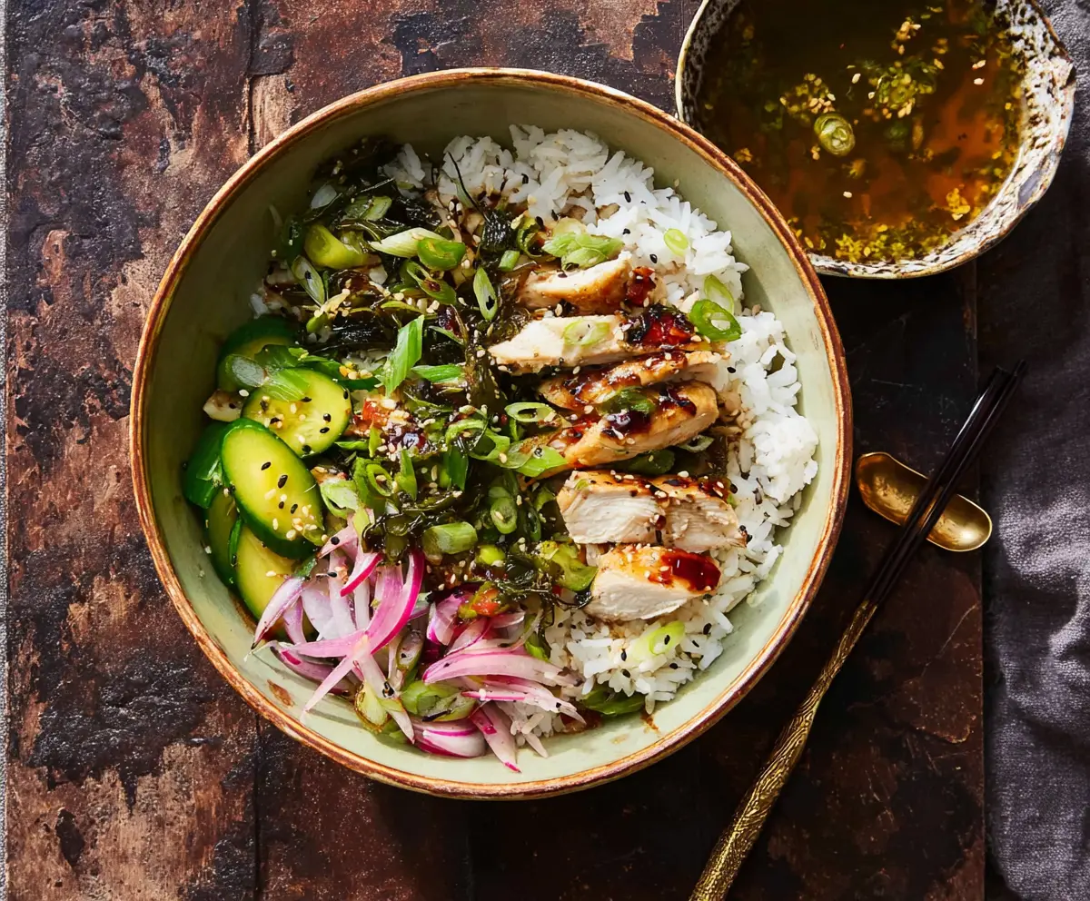 Delicious Ginger Scallion Chicken Bowl with fresh herbs and savory sauce