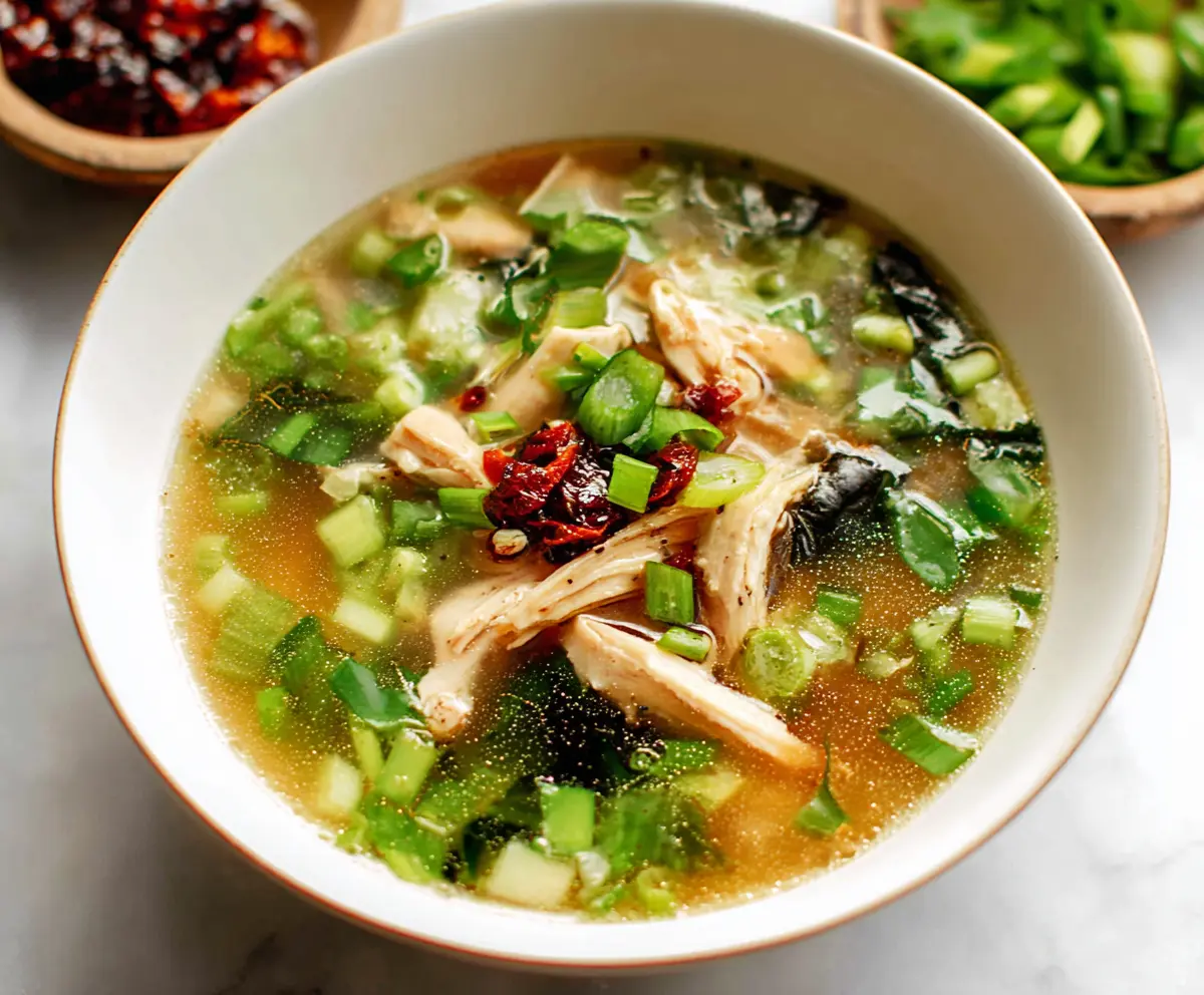 A comforting bowl of Ginger Scallion Chicken Soup with tender chicken, fresh scallions, and aromatic ginger.