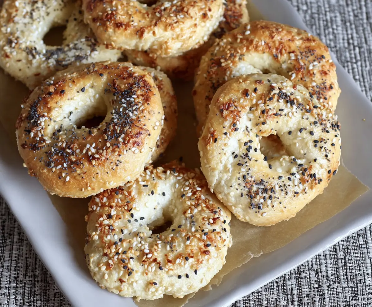 Fresh gluten-free Greek yogurt bagels on a wooden cutting board, showcasing their golden crust and chewy texture.