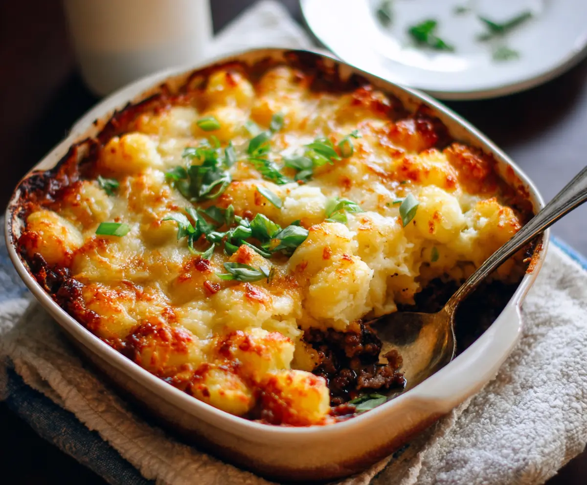Delicious Gnocchi Shepherd's Pie topped with melted cheese and fresh herbs.