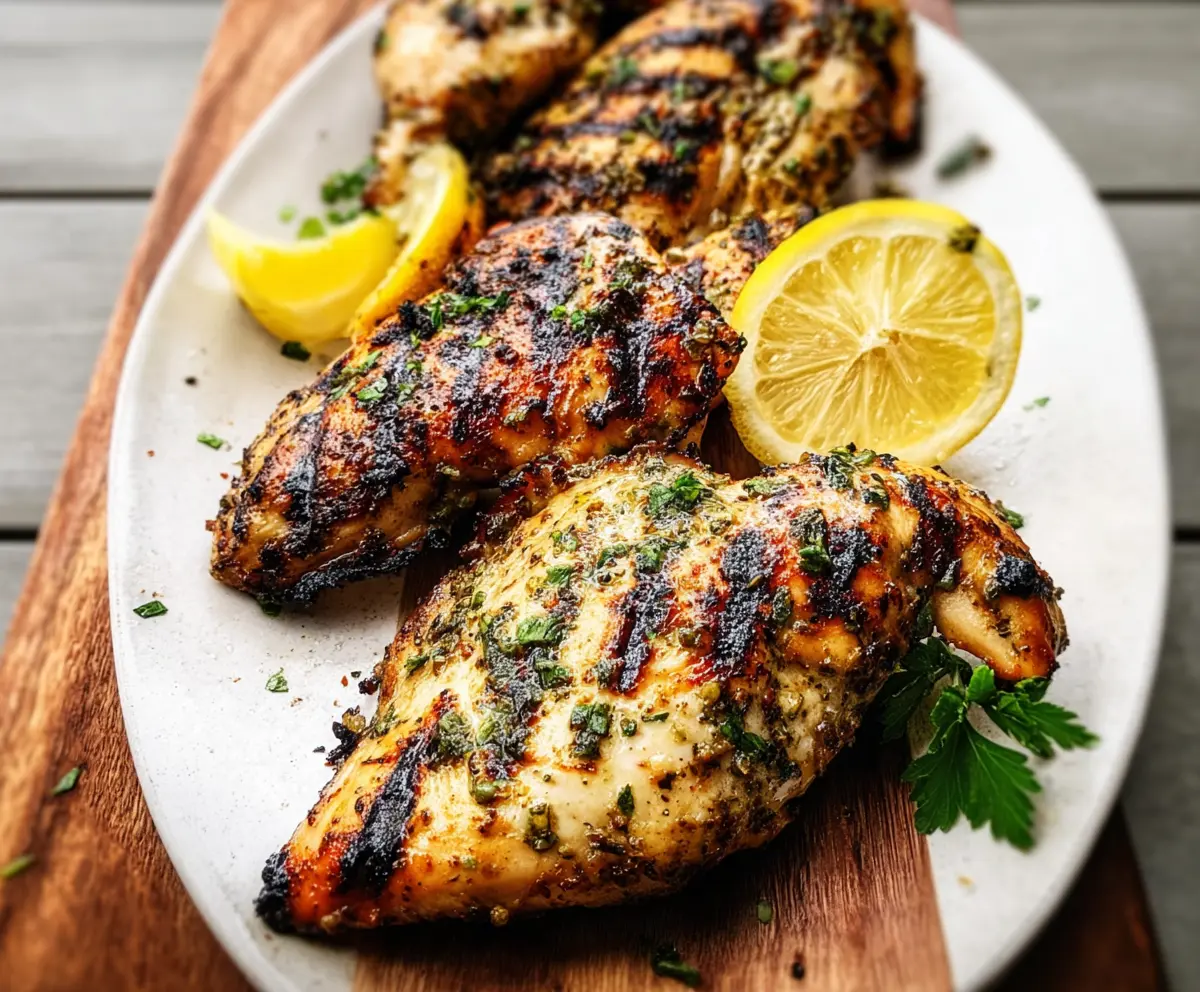 Juicy grilled lemon herb chicken breasts on a barbeque grill with fresh herbs and lemon slices