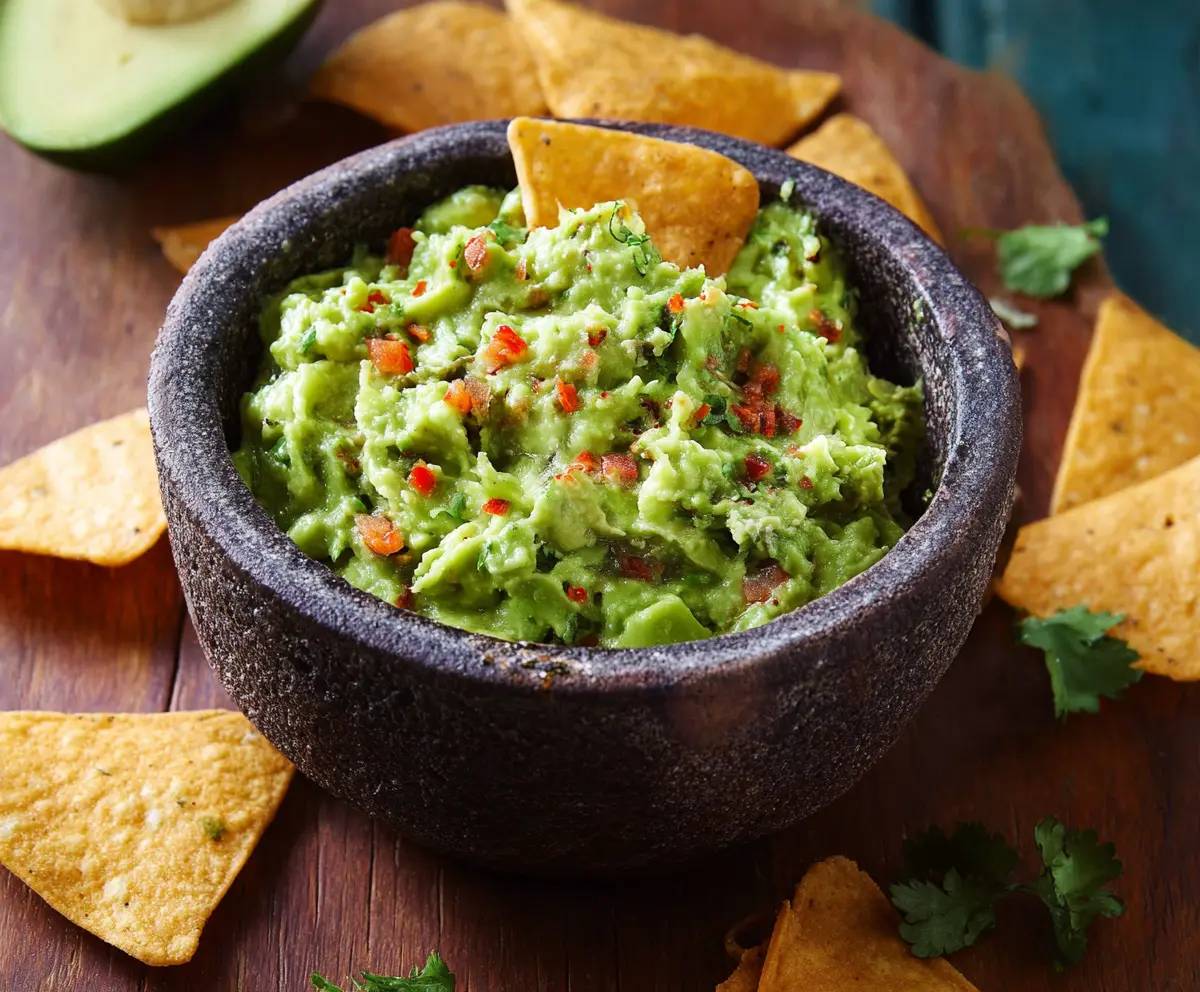 Creamy homemade guacamole with ripe avocados, fresh tomatoes, and cilantro in a rustic bowl.